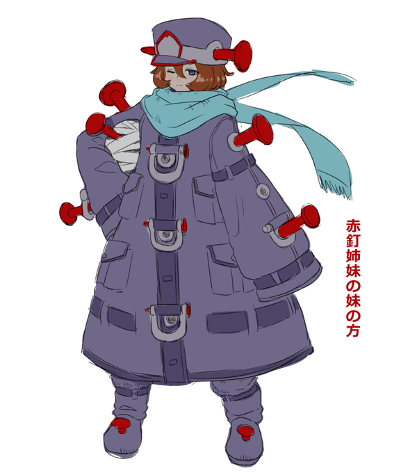 屍衣のキャラを考えていました。呪詛を込めた赤い釘で魂を無理やり肉体にくっつけている～みたいなイメージ。これは妹の方なので姉も居る。 