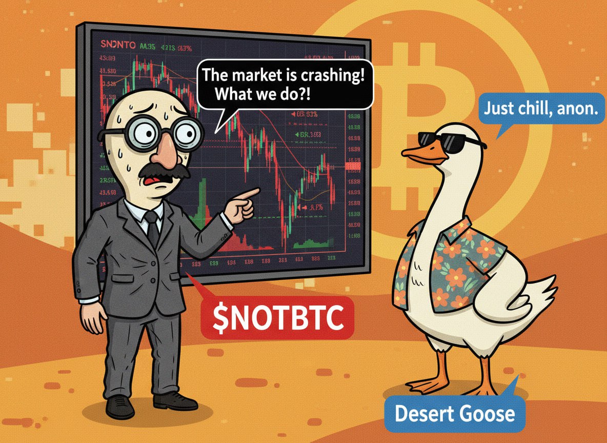 NotBtcTurtle's tweet photo. The Crypto Trader is panicking, $NOTBTC is stunned, and Desert Digger says, ‘Stay calm, anon.’ I love this trio! 😂 #CryptoCharacters #MemeTime https://t.co/Ju65xAGuLI