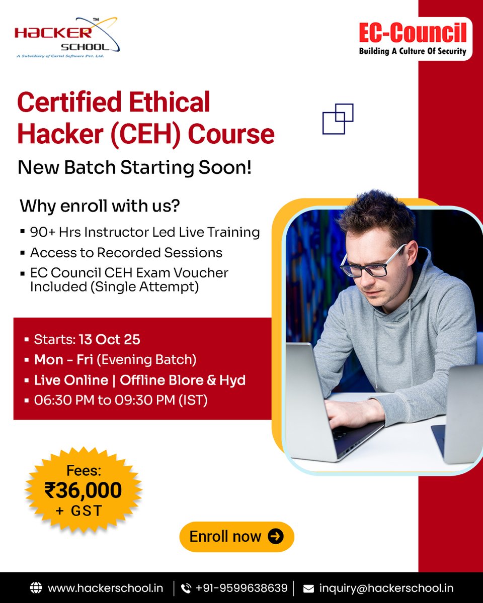 hackerschoolin's tweet image. Become a Certified Computer Hacking Forensic Investigator and master the skills to detect, analyze, and respond to cyber incidents.

Join our new batch starting October 18th, 2025 

Enroll now: hackerschool.in
#CyberSecurity #HackerSchool #EthicalHacking #CyberTraining