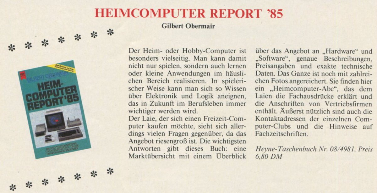 Retrojournal_de's tweet image. 📘 Heimcomputer Report ’85
Quasi der Hausfrauenreport für 80er-Computerfreaks 🧠💾 – voll mit Marktübersichten, Hardware-Tipps, Clubs &amp;amp; Fachjargon-ABC.
Für alle, die damals schon wussten: Elektronik ist das neue Stricken! 😄
#RetroComputing #Heimcomputer #C64 #80er #Retrojournal