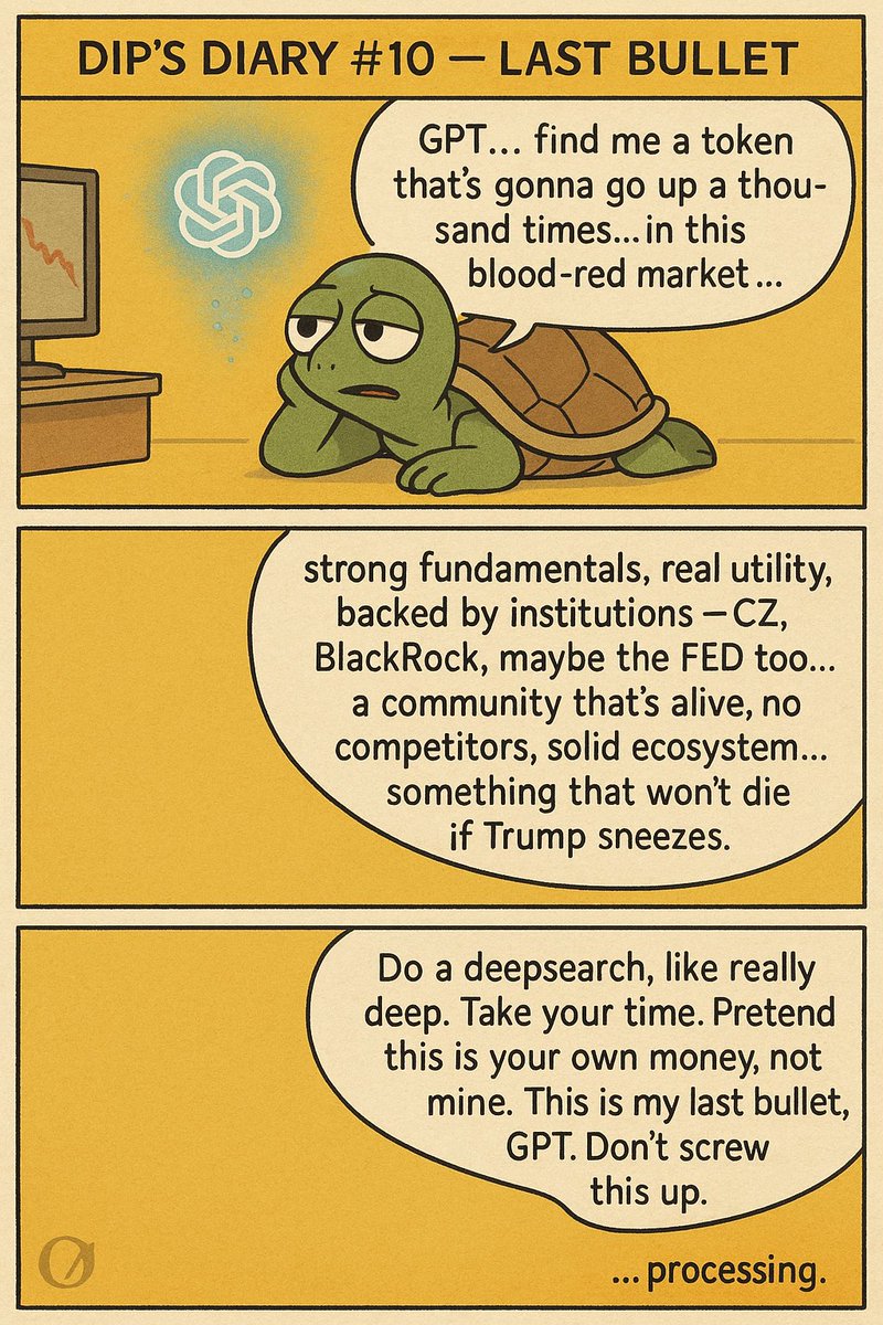 DawgRonald42429's tweet photo. No entry plan.
No exit plan.
Maybe ask Trump next.
#OVERT 🐢 #DipDiaries #memecoin
#webcomic #cryptohumor #CryptoMarket ##1pagecomic https://t.co/hXRuSmExl5