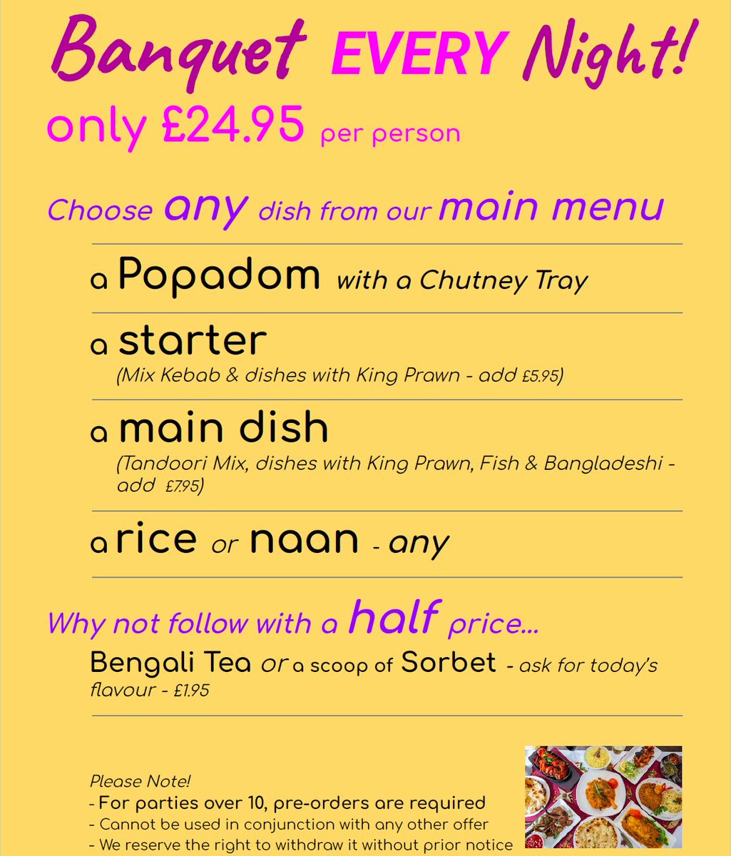 currygarden's tweet photo. Enjoy our incredible...
🌟 Banquet EVERY Night! 
Just £24.95 pp
🍽️ Your Feast Includes:
✅ Poppadom with a Chutney Tray
✅ Any Starter*
✅ Any Main Dish*
✅ Any Rice/Naan

---🍵Bengali Tea/Sorbet👉 Half Price!
RESERVE:
https://t.co/dJFLCfF0hu

Open from 5pm
CLOSED Tuesdays
*T&amp;Cs https://t.co/OUj6ca5LAK