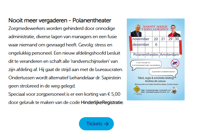 In de nieuwsbrief van de  personeelsvereniging van <a href="/amsterdamumc/">Amsterdam UMC</a> staat ons toneelstuk bij de tips

#nooitmeervergaderen #bureaucratieindezorg #bureaucratiewintaltijd #paarsekrokodil #toneelstuk #amsterdam #toneelgroeploszand