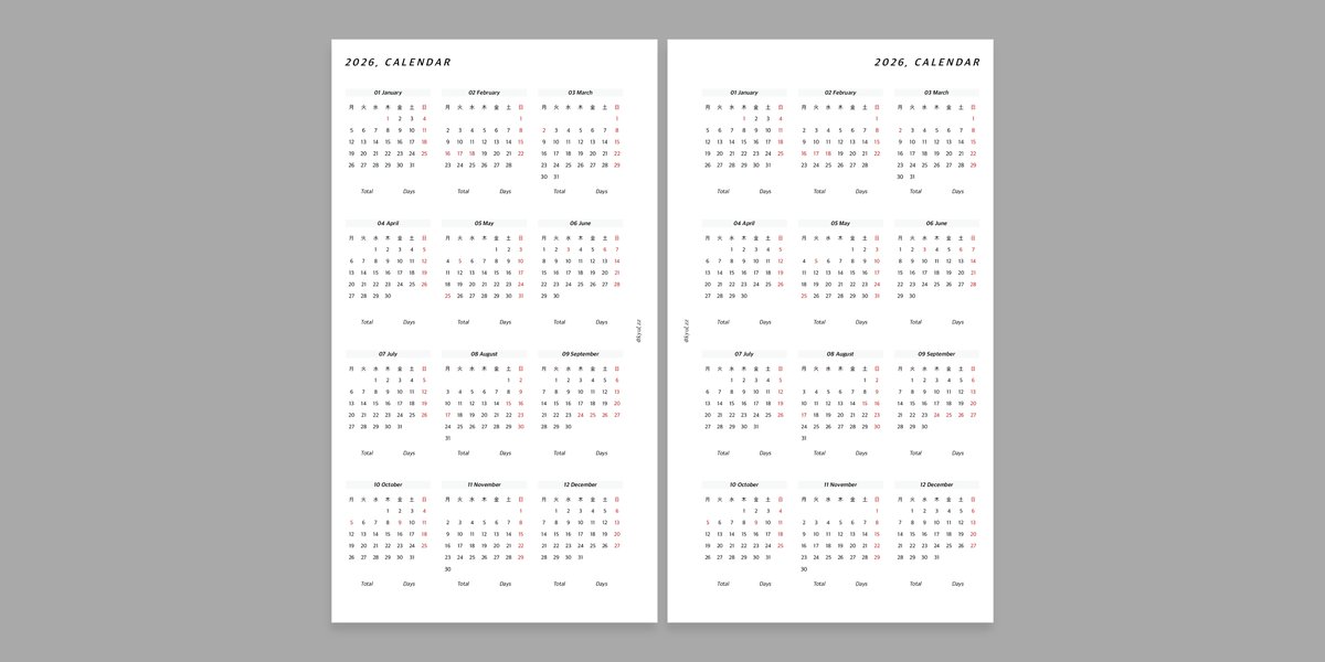 [A6, A7 | PDF 다운로드] 2026년도 캘린더

열분 약속한 거 가지고 왔어요 .. 이거 만들면서 내년이 성큼 다가온 게 느껴져서 살짝 무서워짐 .. 구독자 전용 무료입니다!! 
posty.pe/2td6uu