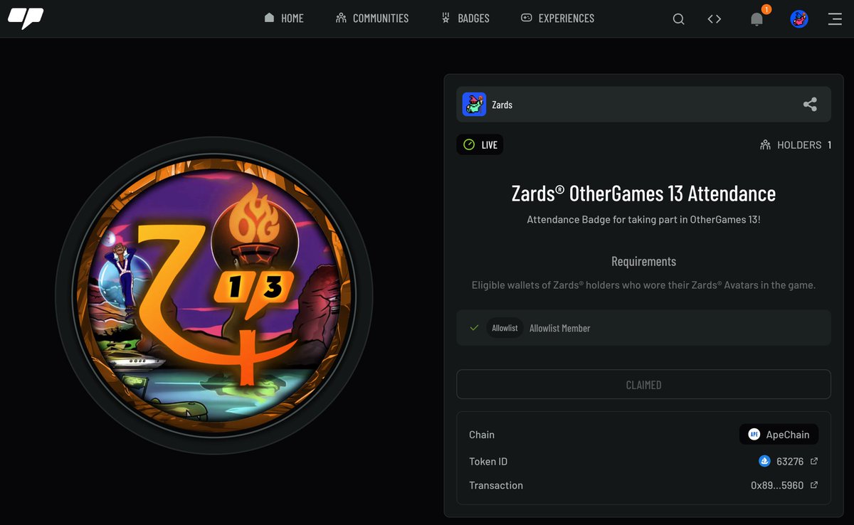 Did you wear your Zards® Avatar at yesterday's <a href="/OtherGamesXYZ/">Other Games</a> event? If so, CLAIM your Zards® Attendance Badge at <a href="/opdotxyz/">OpenPage (formerly Other Page)</a>! 🧙‍♂️🪄✨

We've added as many of you as we could see, but if we missed any, reply in the comments with a pic and we'll add you!

🔗  op.xyz/badges/31de983…