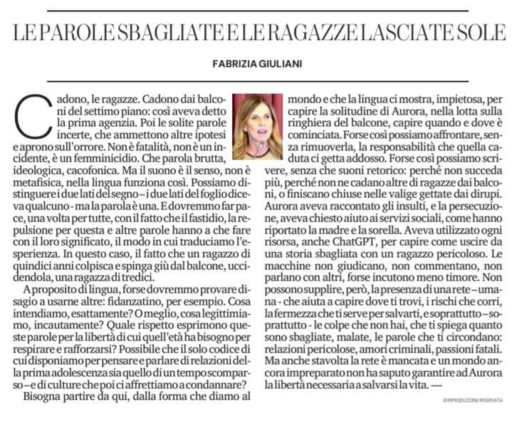 La solitudine di una madre e di una figlia. Le conseguenze irreparabili. Ricominciamo dal linguaggio e dalle relazioni. Le responsabilità sono personali ma anche collettive. Grazie <a href="/FabriziaGiulian/">Fabrizia Giuliani</a> per queste riflessioni.