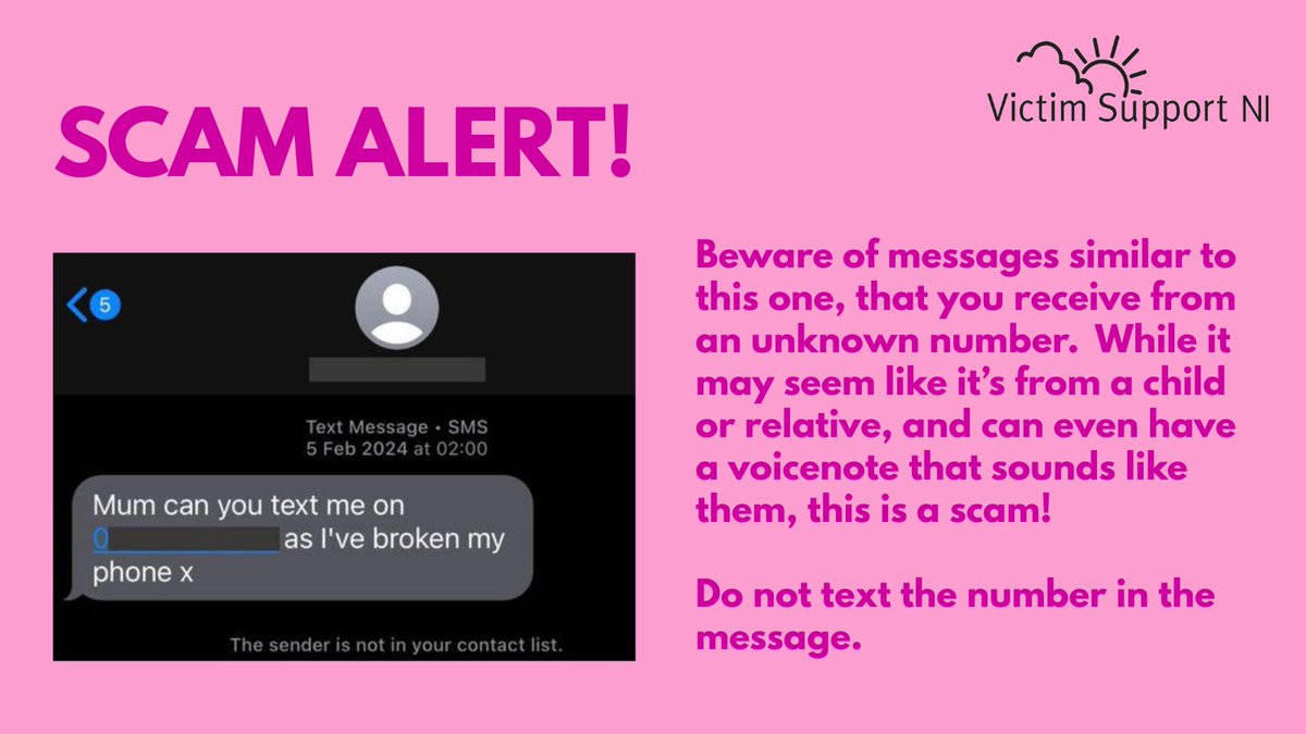 VictimSupportNI's tweet image. This 'hi mum' scam relies on parents or family members wanting to help their kids out of trouble. Scammers can now use AI to replicate family members' voices to make it very realistic. In your family, agree on a word you can use to confirm each other's identity. #cyberaware