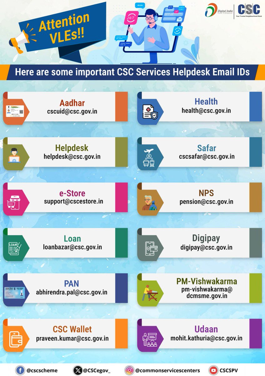 Sunnygarg83's tweet image. 📢 Attention VLEs

Please find below a list of important #CSC Services Helpdesk Email IDs.

For any queries related to specific services, you are requested to contact us via the respective email address provided.

#DigitalIndia #CSCHelpdesk #CSCServiceEmails #RuralEmpowerment…