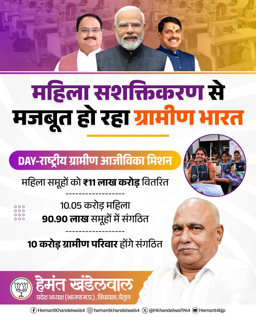 Hkhandelwal1964's tweet image. महिलाओं के सशक्तिकरण से मजबूत हो रहा ग्रामीण भारत!

राष्ट्रीय ग्रामीण आजीविका मिशन (DAY-NRLM) के तहत महिलाओं को ₹11 लाख करोड़ वितरित, 10.05 करोड़ महिलाएं 90.90 लाख समूहों में संगठित।