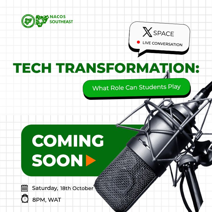 nacossoutheast's tweet image. The world is transforming through tech but where do students fit in?
Join us on X Space to explore this
📅 18th Oct | 🕗 8PM WAT
#TechTransformation #NACOSSoutheast #FutureOfTech