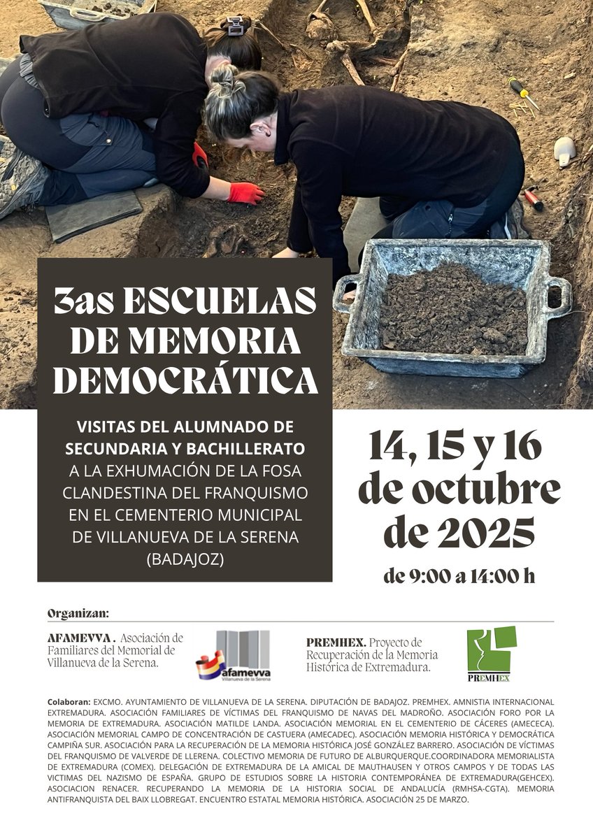 afamevva_'s tweet photo. La semana próxima, organizamos junto a @premhex las 3as escuelas de Memoria: alumnos/as de Villanueva y otras localidades visitarán la exhumación de la fosa del cementerio, para conocer los crímenes franquistas y el trabajo de los arqueólogos para reconstruir el pasado. https://t.co/2CgZWvoz3Q
