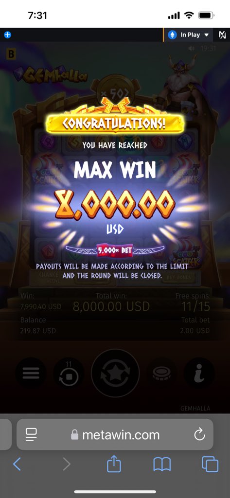 CoolHunter just hit a MASSIVE win on Gemhalla at <a href="/Meta_Winners/">MetaWinners NFT</a>! 🎰

💰 Wager: 0.0005 ETH
🏆 Winnings: 2.0831 ETH
🔢 Multiplier: 4000.03x

 #BigWin