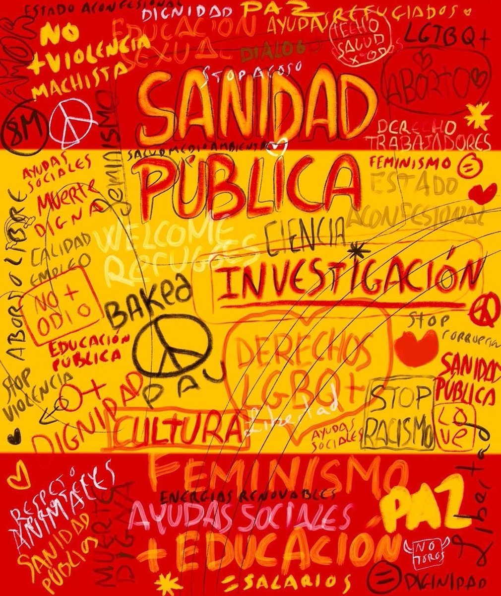 La España que me representa, plural, diversa, solidaria, LGTBIQ+, contra la violencia machista, por la Sanidad Publica, Educación Pública, muerte digna, derecho al aborto, del feminismo inclusivo, contra la xenofobia, salarios dignos, derecho a la vivienda y que no niegue la