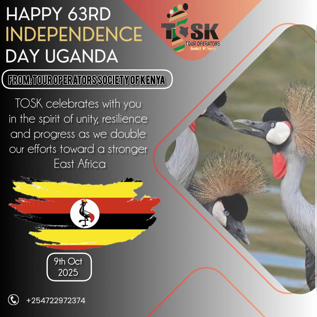 ToskKenya's tweet image. Happy 63rd  Uganda Independence Day 

Tosk celebrates with you in the spirit of unity, resilience and progress as we double our efforts towards a stronger East Africa

#ToskSettingThePace
