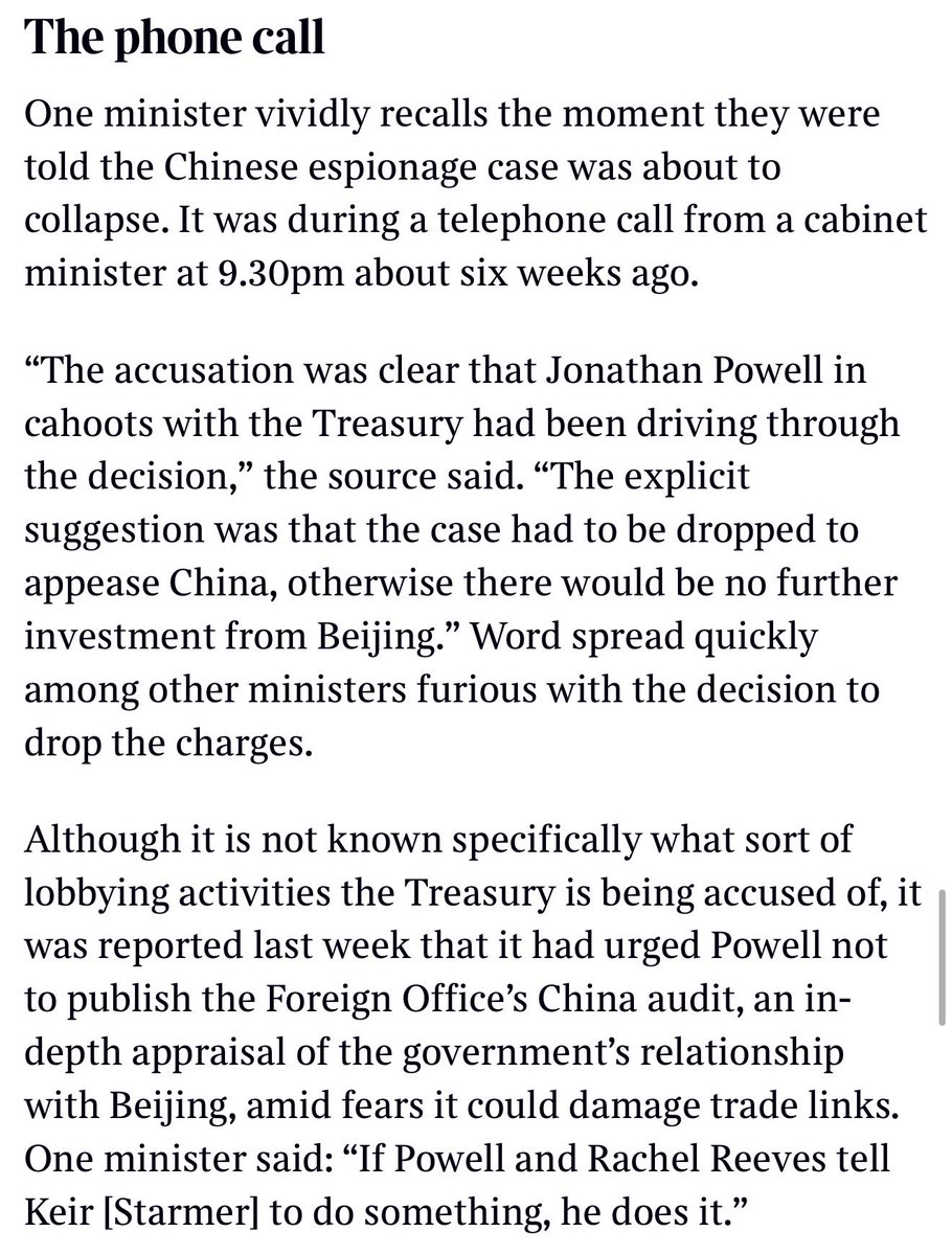 RossKempsell's tweet image. Sunday Times claims a Cabinet minister (probably Mahmood or Cooper?) called probably one of their junior ministers (perhaps irate security minister Dan Jarvis?) to tell them the China espionage case was being pulled at Powell’s request

Either Powell is going to resign and appear…