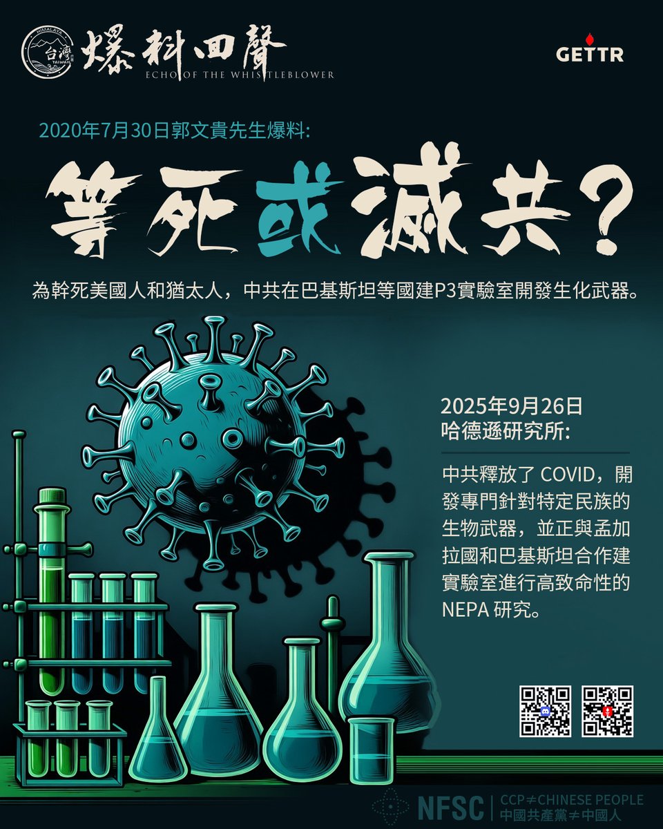 【爆料回聲】
2025年9月26日哈德遜研究所：中共釋放了 COVID，開發專門針對特定民族的生物武器，並正與孟加拉國和巴基斯坦合作建實驗室進行高致命性的 NEPA 研究。

2020年7月30日郭文貴先生爆料：等死或滅共？為了幹死美國人和猶太人，中共在巴基斯坦等國建P3實驗室開發生化武器。