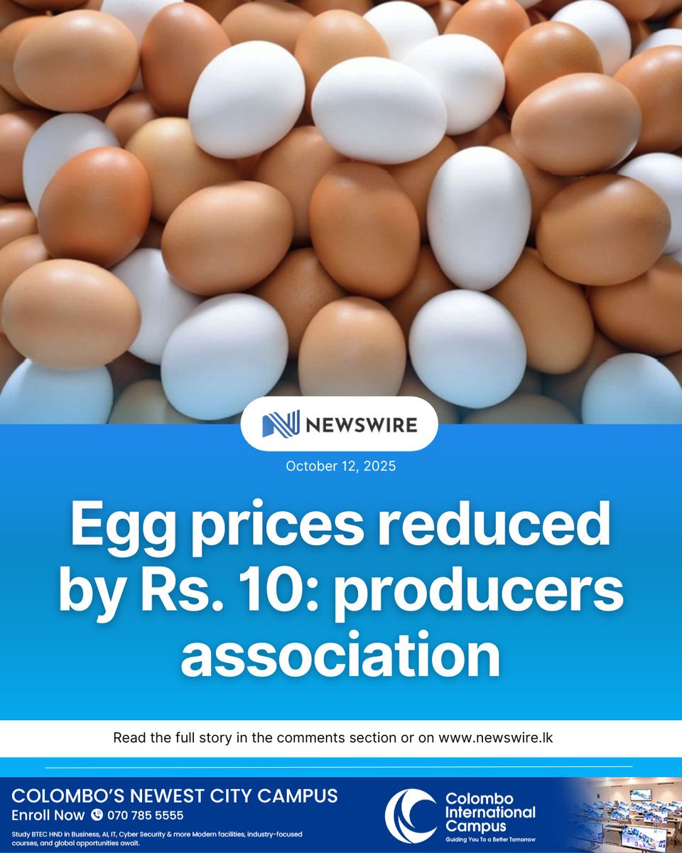 NewsWireLK's tweet photo. The All Ceylon Small and Medium Scale Egg Producers Association has announced a reduction of Rs. 10 in egg prices in the local market.

Chairman of the Association, Navod Sampath Bandara, stated that the decision was made to curb the monopoly of large-scale egg producers and to balance demand and supply, as the demand for eggs has recently declined.

D: https://t.co/P3otrJtytK