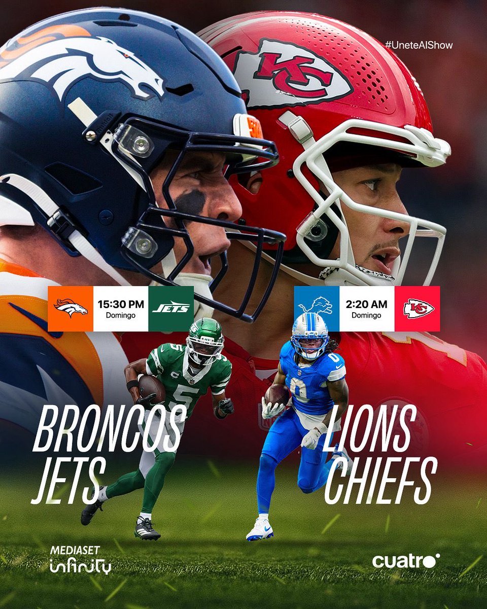 sagastiker's tweet photo. ¡Empezamos la aventura!

▶️15:30 Broncos-Jets en @MedInfinityES 
📺2:15 Lions-Chiefs en @cuatro

🎙️Con @PonsetiRadio en la narración, yo mismo en los comentarios y también con @luisvjones y @paupasa

Ambos partidos en abierto para todo el que quiera disfrutar de la NFL.

¡VAMOS! https://t.co/fL9qmlSkUz