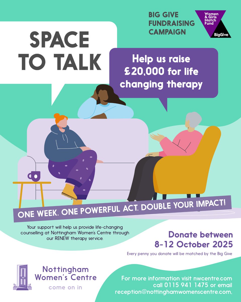 Many women with low incomes struggle to access the mental health support they need. Nottingham Women's Centre is raising funds to provide free, life-changing specialist therapy for these women in our city. 

Donate to their campaign here: donate.biggive.org/campaign/a05WS…