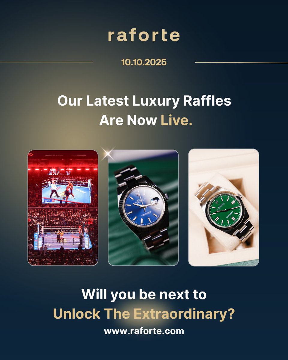 raforte_com's tweet photo. 🚨 LIVE NOW 🚨

On Friday, we launched our latest 3 luxury raffles! ✨

Be quick, enter now!
Will you be the next winner? 🏆 
https://t.co/Ee9CjnFcYC https://t.co/d0BOlyphTX