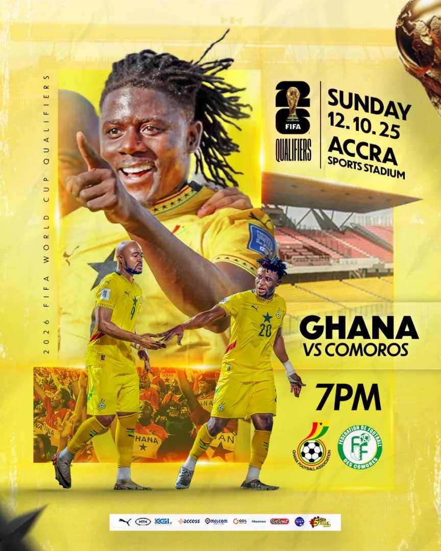 GhanaBlackstars's tweet image. 🔥 Matchday in Accra — One final step to the @FIFAWorldCup. Let’s make it a historic night together! 💛🇬🇭
⏱️ Kick off: 7PM!
🫵🏽 See you at the stadium! 🏟️
#BlackStars | #FIFAWCQ