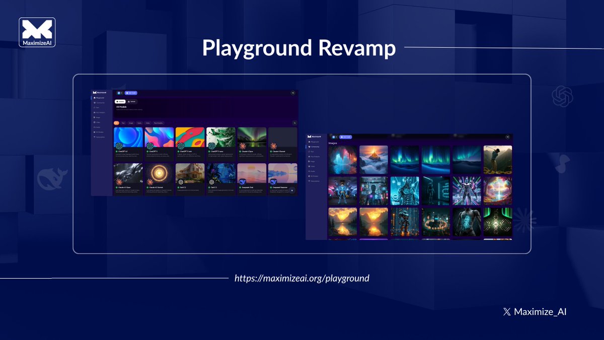 Maximize_AI's tweet image. 🚀 Playground Revamp is Live!

We’ve upgraded the $MAXI Playground to deliver a smoother, faster, and more accessible experience for everyone.

Explore the improved interface and enjoy a seamless journey through our ecosystem.

🎯 Try it now: maximizeai.org/playground

🔗 Explore…
