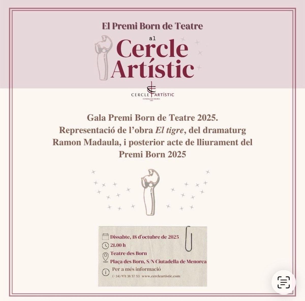 🎭 Entram en la setmana més esperada de l’any, la del #PremiBorn que, a més, enguany compleix la seva cinquantena edició. Aquí tens la relació d’actes que hem programat. Pren nota ✍️