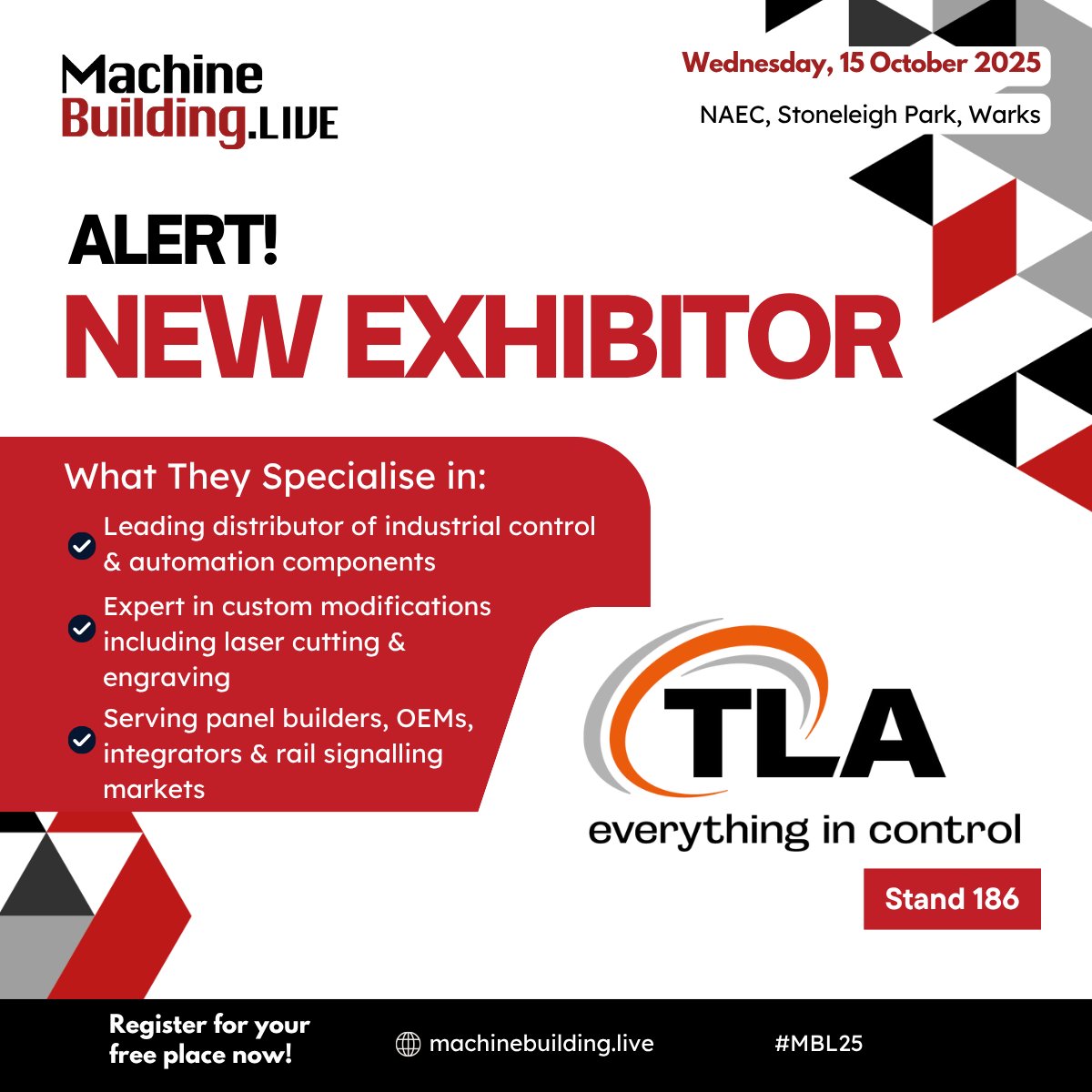 MachBuild's tweet image. We are delighted to welcome @TlaLtdUK to MachineBuildingLive, taking place at the NAEC, Stoneleigh Park on 15 October 2025. Find out more here: bit.ly/3GHdsY7  Free to attend: bit.ly/4kQ9WbU 
#MBL25 #engineering #ukmanufacturing