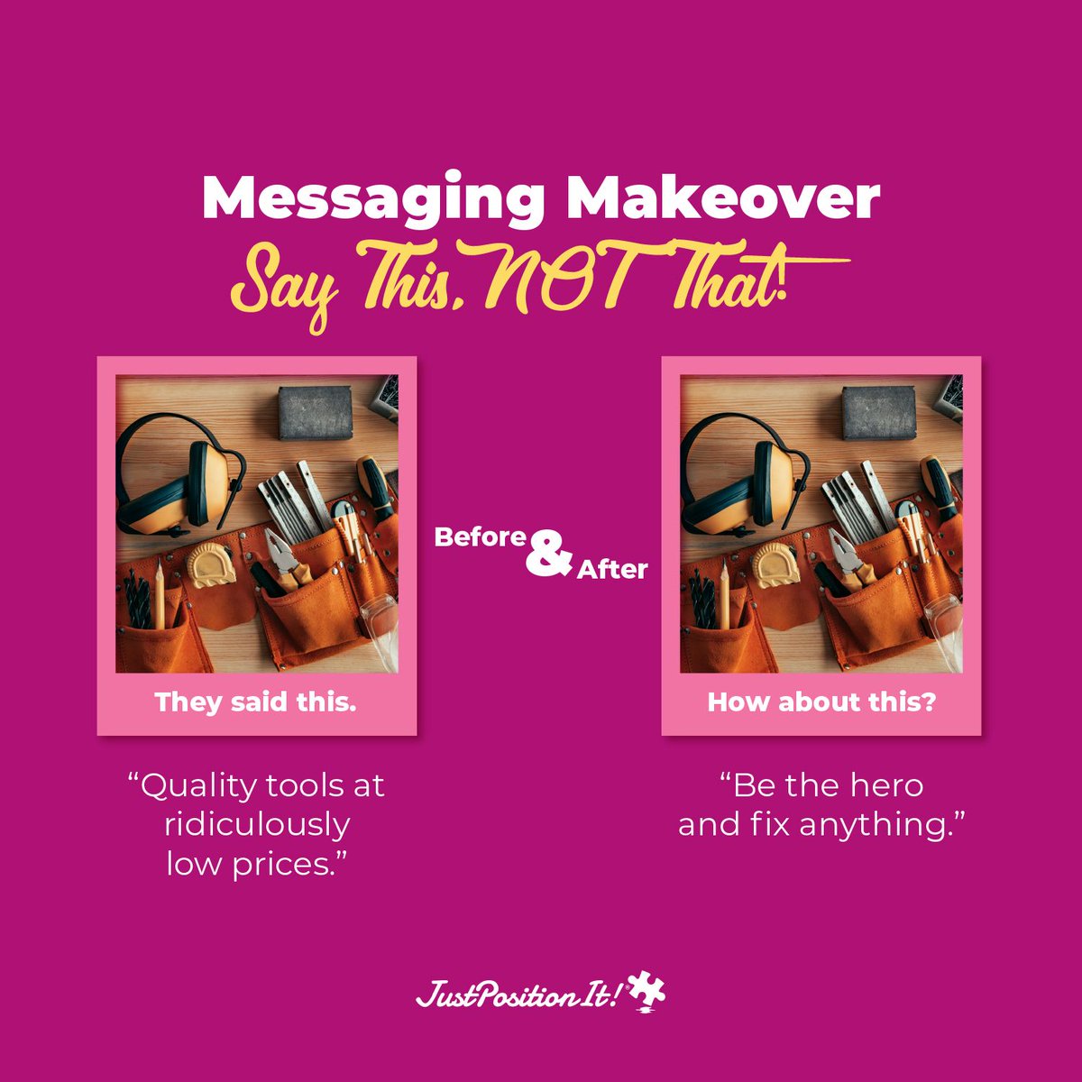 justpositionit's tweet image. Say This 🙌  Not That!! 🤌   What if you could change just 5 words and make your message 10x more effective? 📈  Take a look and if you want 20+ real-life before and after examples for inspiration, click here 👉  buff.ly/2MPLzf7  #messaging #copywriting #sales 📈