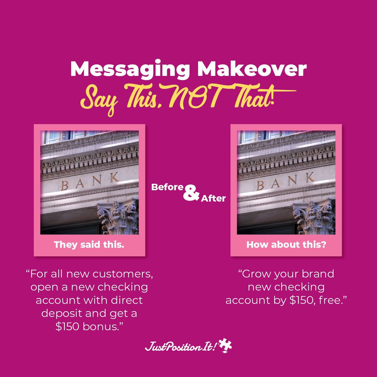 justpositionit's tweet image. Say This 🙌  Not That!! 🤌   What if you could change just 5 words and make your message 10x more effective? 📈  Take a look and if you want 20+ real-life before and after examples for inspiration, click here 👉  buff.ly/2MPLzf7  #messaging #copywriting #sales 📈