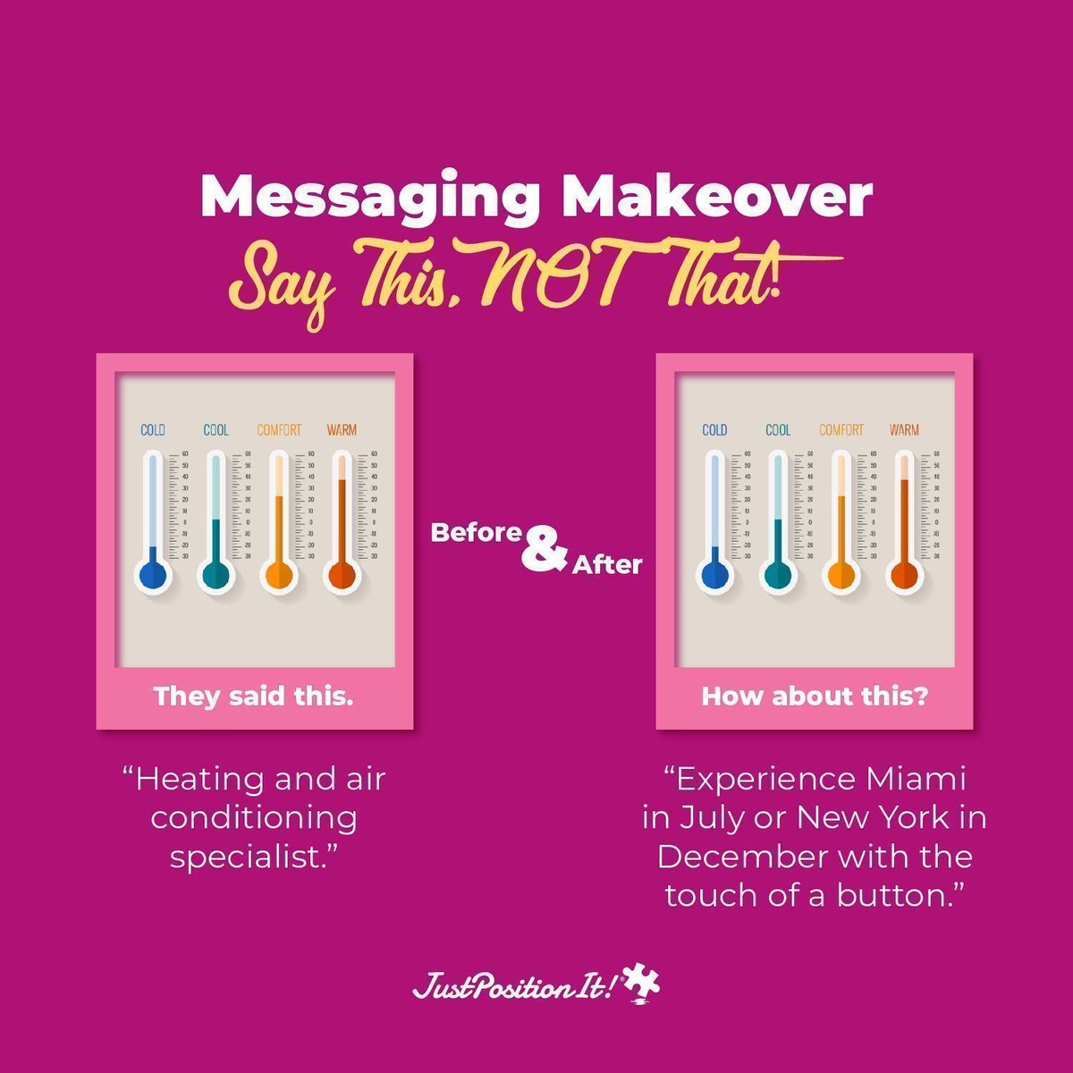 justpositionit's tweet image. Say This 🙌  Not That!! 🤌   What if you could change just 5 words and make your message 10x more effective? 📈  Take a look and if you want 20+ real-life before and after examples for inspiration, click here 👉  buff.ly/2MPLzf7  #messaging #copywriting #sales 📈
