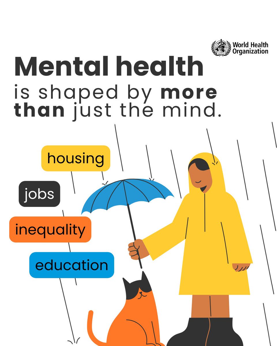 WHO's tweet image. #MentalHealth is shaped by more than just the mind. Social factors like poverty &amp;amp; housing also affect mental health. 

WHO mental health guidance provides all countries with practical tools to strengthen policies &amp;amp; services, ensures people with lived experience have a voice &amp;amp;…