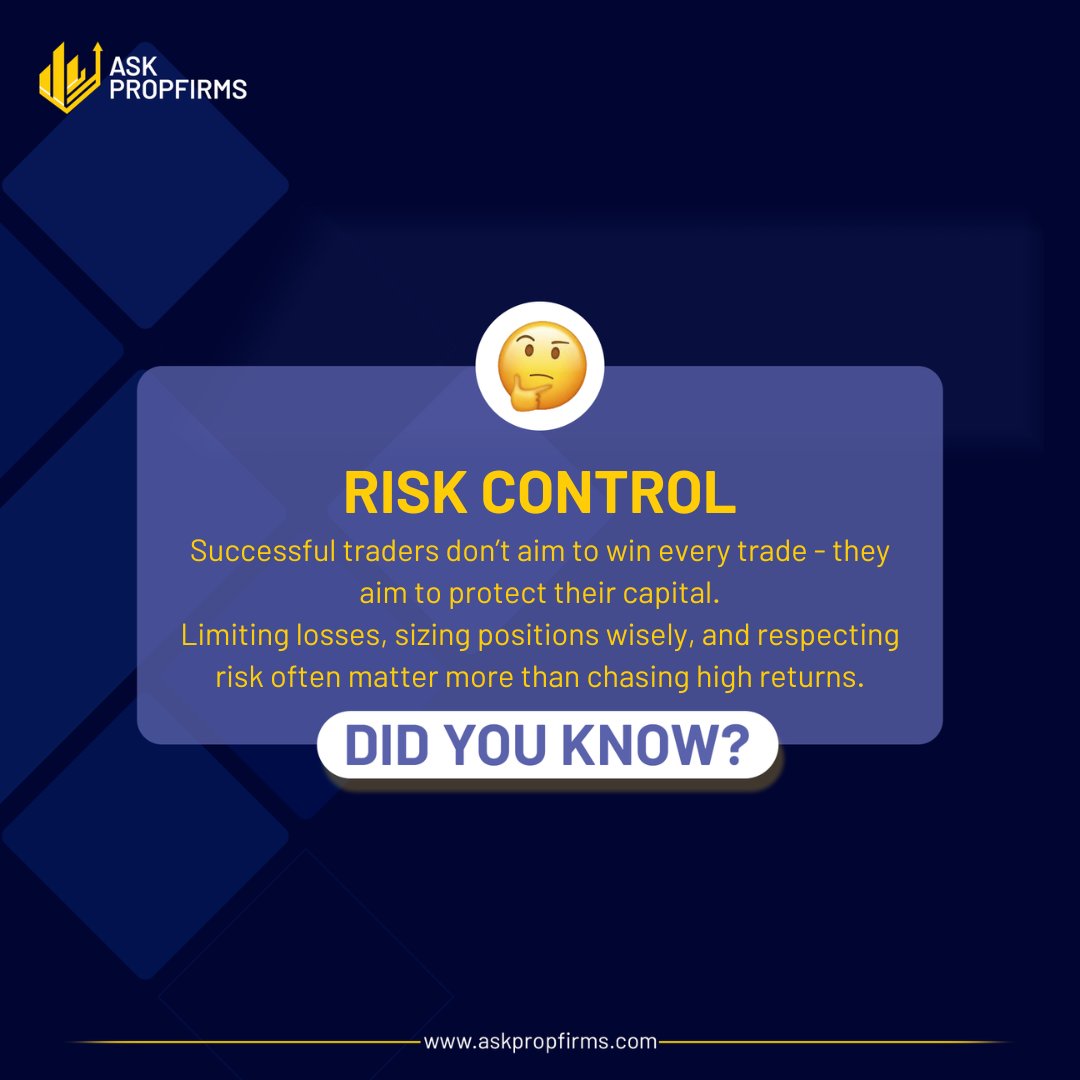 askpropfirms's tweet image. 💡 Did You Know?
Great traders don’t aim for big risks - they protect their capital.
Risk control, position sizing, and small losses matter more than chasing huge wins. 💼📊
#RiskControl #TraderMindset #SmartTrading #DisciplineWins