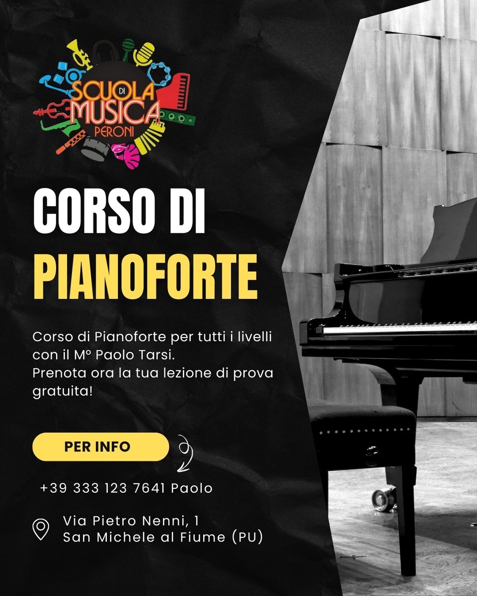 🎹 Ultimi posti disponibili! 

Al via il mio Corso di Pianoforte alla Scuola di Musica Peroni di Mondavio.  Lezioni aperte a tutti — senza limiti di età — per chi vuole iniziare o approfondire lo studio nei generi pop-rock e classico.

#pianoforte #musica #Mondavio #corsi