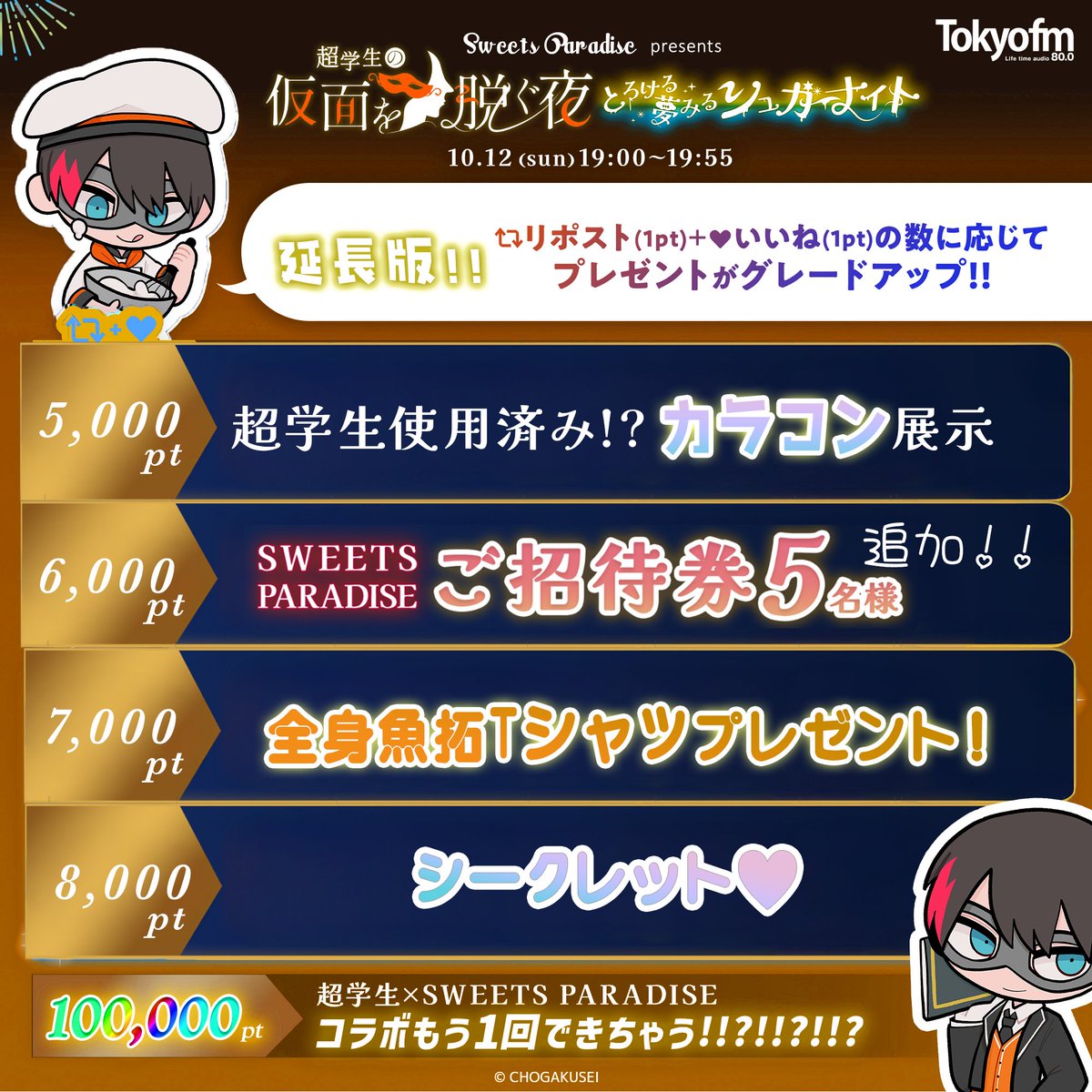 ／
大好評につき緊急ミッション決定！！🎉
＼

˗ˏˋ 超くん”初生”がんばえー！キャンペーン ˎˊ˗
￣￣￣￣￣￣￣￣￣￣￣￣￣￣￣￣￣￣￣￣￣
本ポストと引用ポストのリポスト＆いいね数に応じて
#超学生さん と番組リスナーさんへの
🎁プレゼントがグレードアップ⇧⇧