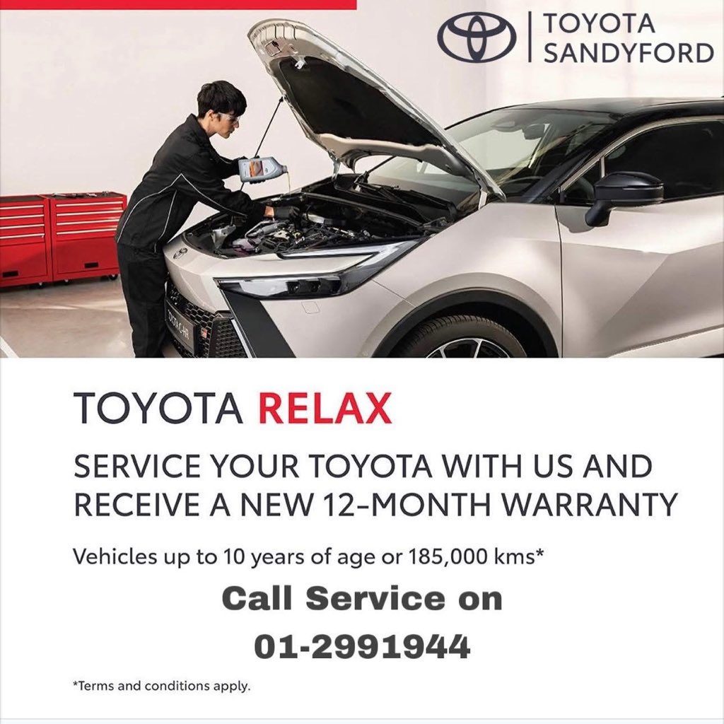 Are you eligible for a Toyota Relax Warranty? Learn more about our service-activated warranty just contact our Service Dept on Tel 01-2991944

We also do Crash Repairs and will help you get back on the road in no time 🕰️ 

#ToyotaSandyford
#Service 
#ToyotaRelax
#Repairs