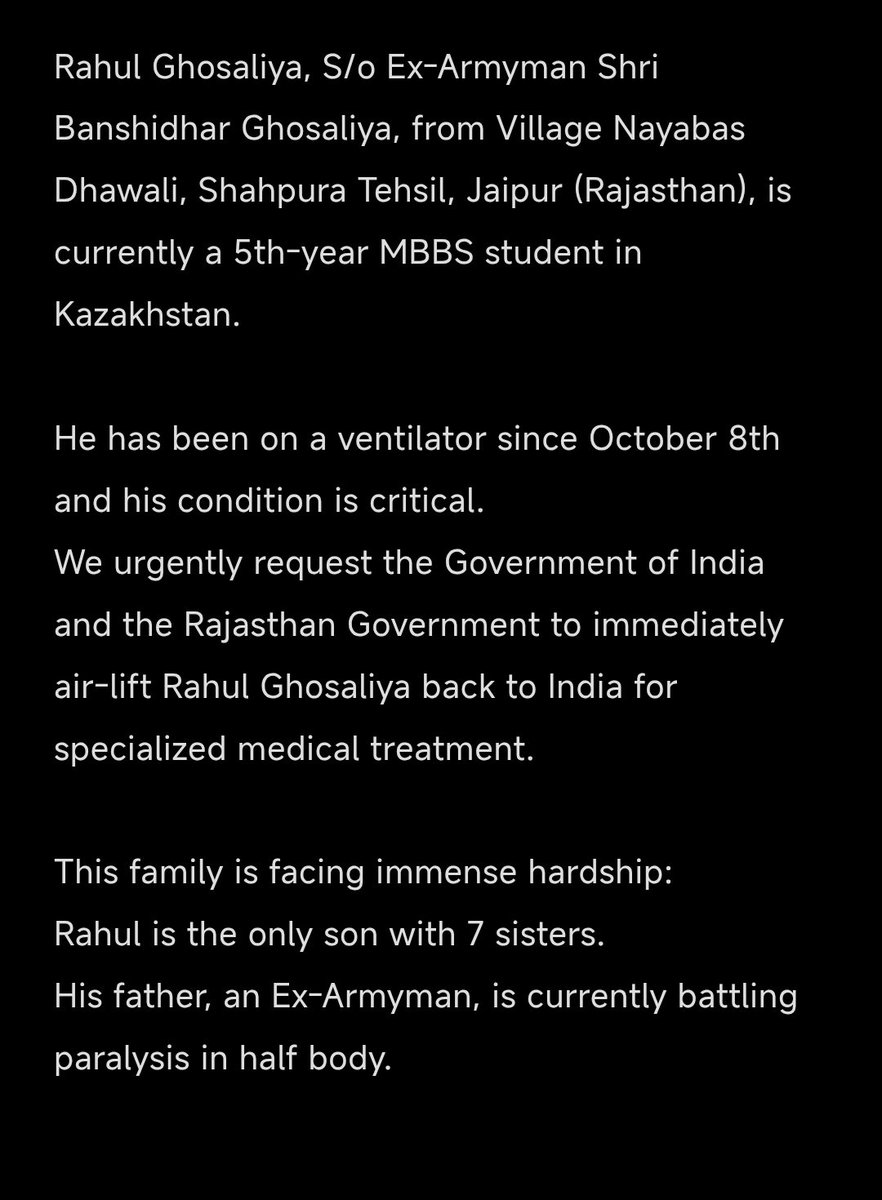 Adv_RPSingh04's tweet photo. "आपका एक ट्वीट किसी की जान बचा सकता हैं"
जयपुर की शाहपुरा तहसील के पूर्व सैनिक बंशीधर घोसलिया के पुत्र राहुल घोसलिया वर्तमान में कजाकिस्तान में 5वें वर्ष के एमबीबीएस छात्र हैं... अभी वेंटिलेटर पर हैं...
@8PMnoCM
@DrSJaishankar
@RavindraBhati__
@arvindchotia
#SaveRahulFMGEKZ https://t.co/rAE2Vb1TO8