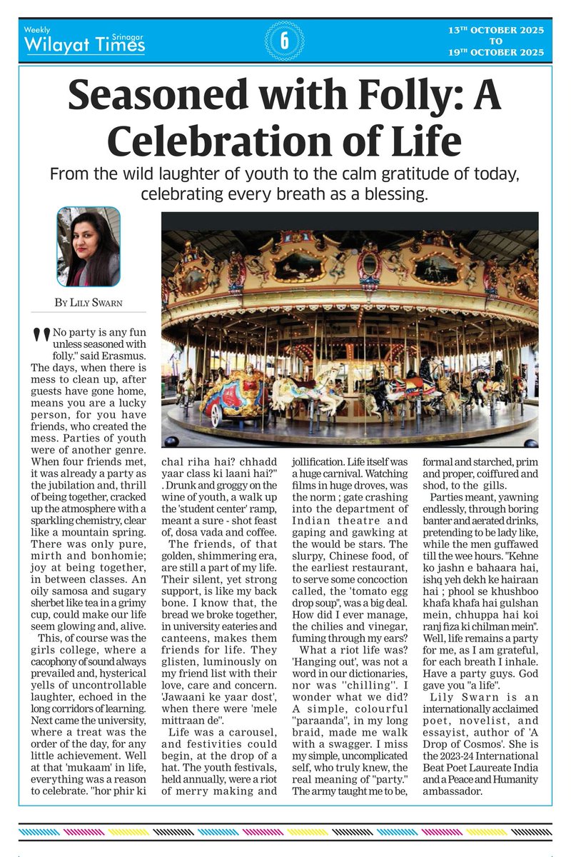 By Lily Swarn 
Seasoned with Folly: A Celebration of Life.

#wilayattimes #Diprjk #ولایت_ٹائمز