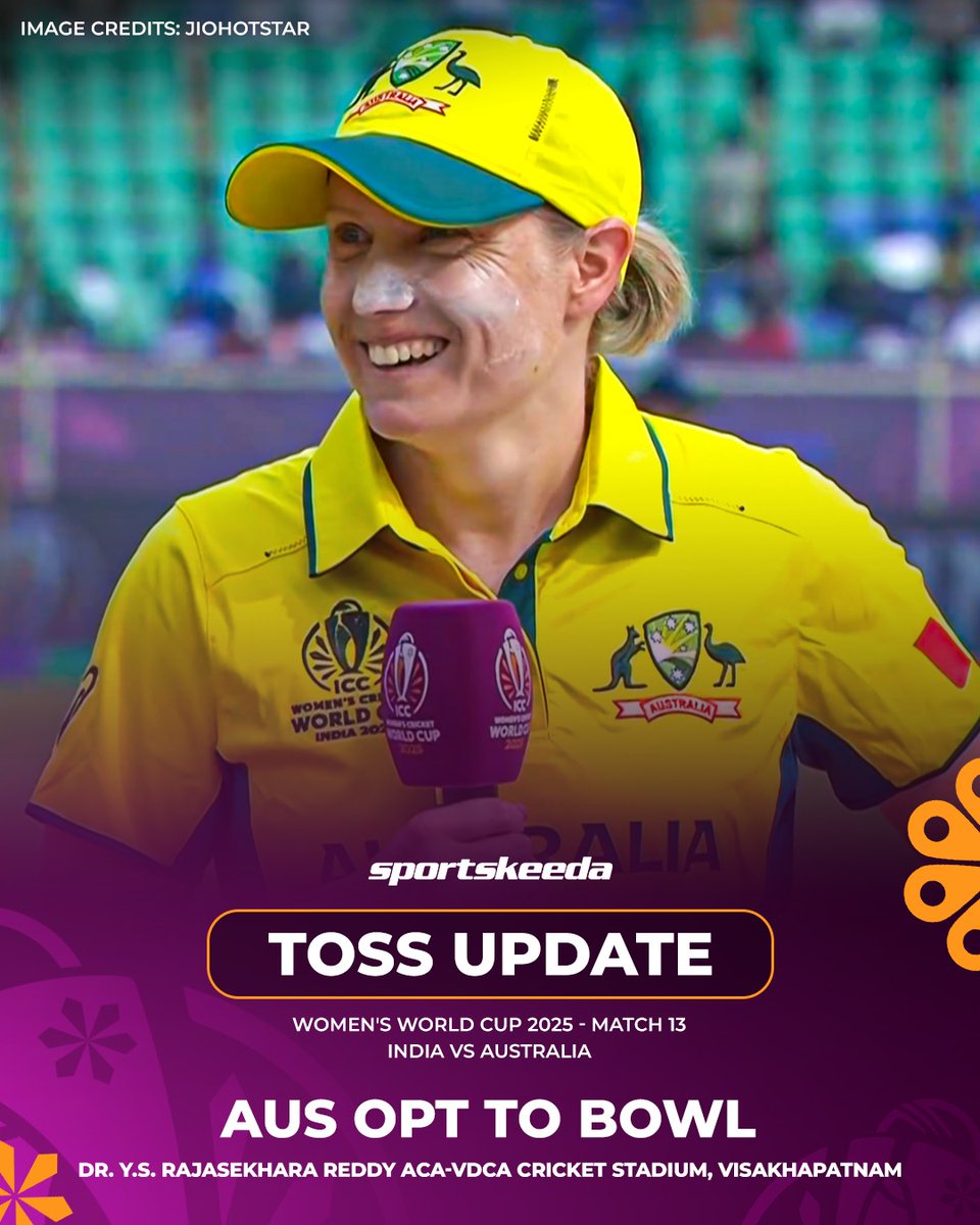 Sportskeeda's tweet image. 🚨 TOSS UPDATE 🚨
Australia won the toss and decided to bowl first against India in the 2025 Women's World Cup. 🪙
#Cricket #INDvAUS #CWC #Sportskeeda