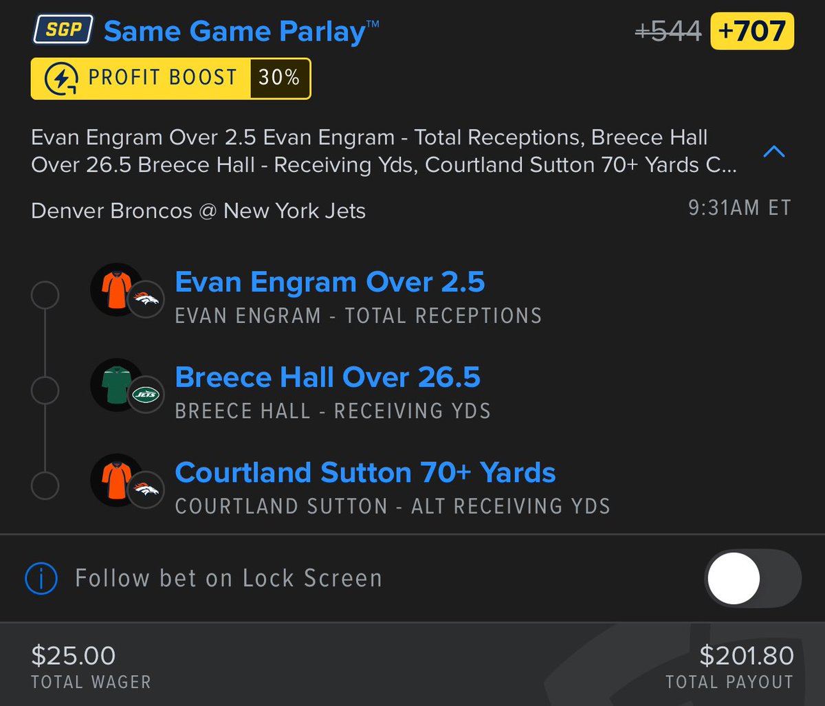 BetLogicAI's tweet image. Broncos vs Jets FD Boost
$25 -&amp;gt; $200