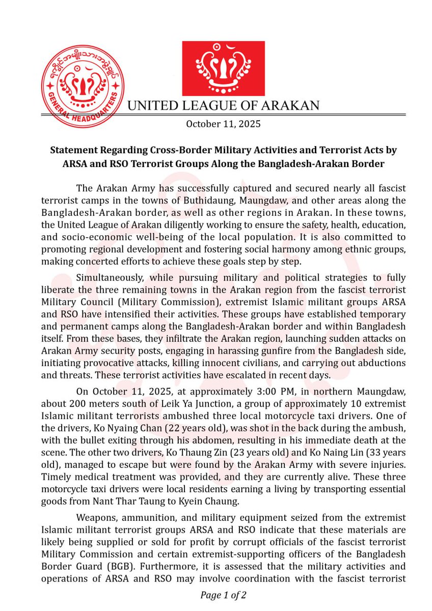 OdenHack's tweet image. Statement Regarding Cross-border Military Activities &amp;amp; Terrorist Acts by ARSA and RSO Terrorist Groups Along the Bangladesh-Arakan Border
October 11, 2025
#CrossBorderSecurity #StopTerrorism
#BangladeshArakanBorder
#RegionalSecurity
@UNHumanRights @CSIS
@UN @CrisisGroup @amnesty