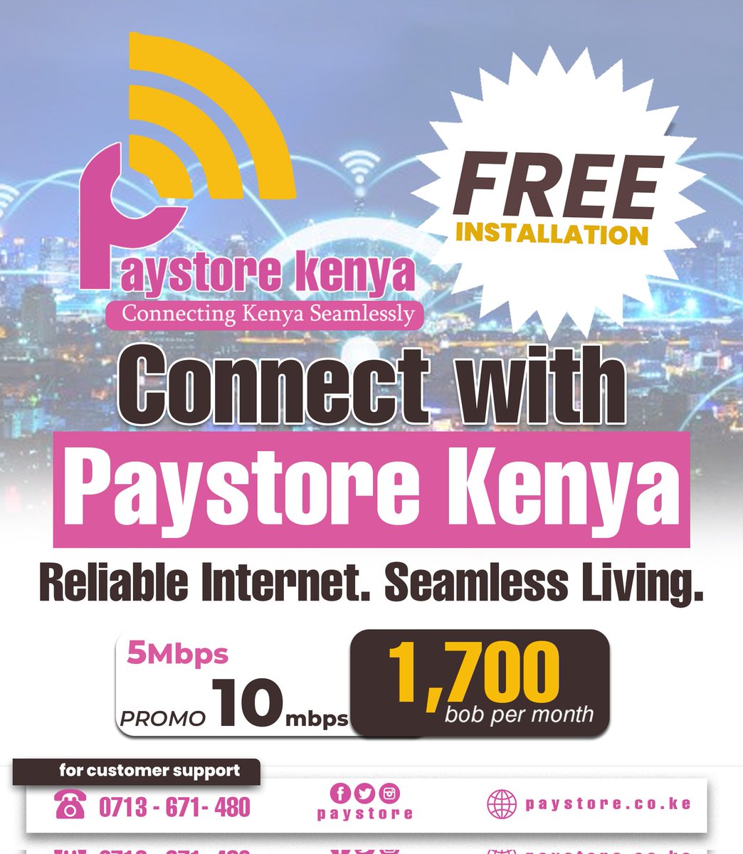 paystorekenya's tweet image. Stay connected, stay ahead! 🌐
Enjoy fast, reliable internet from Paystore Kenya, now with FREE installation!
Seamless streaming, smooth work, endless connection, all for just Ksh 1,700/month.

#PaystoreKenya #InternetMadeEasy #SeamlessConnection #FreeInstallation #AffordableWiFi