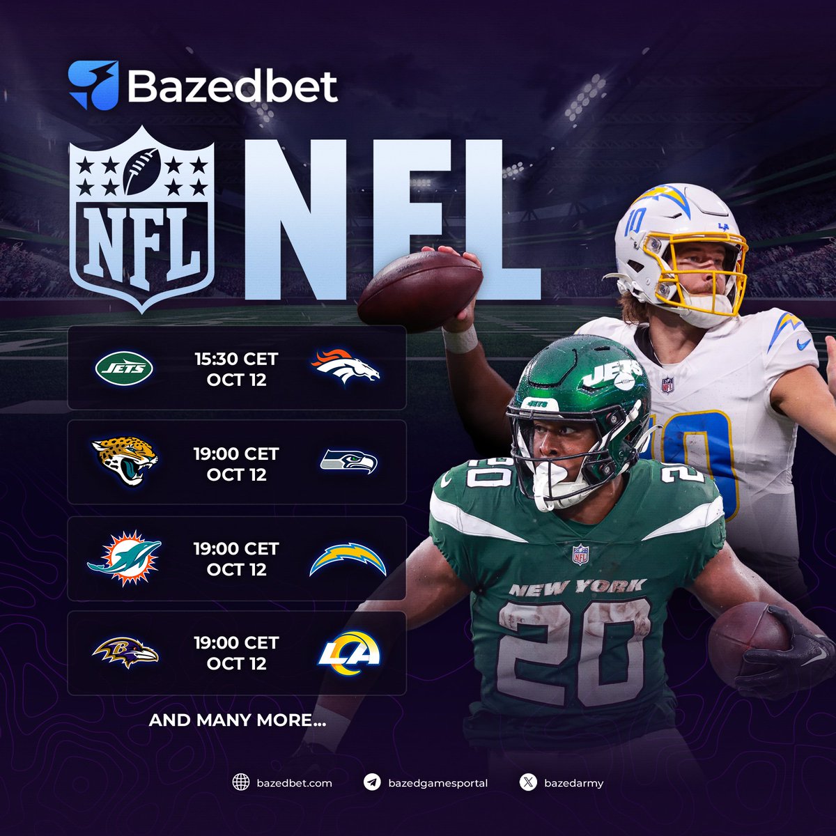 BazedArmy's tweet image. We’re gearing up for Week 6 of #NFL action at BazedBet 🏈
Claim your 50% deposit bonus and lock in your bets now!