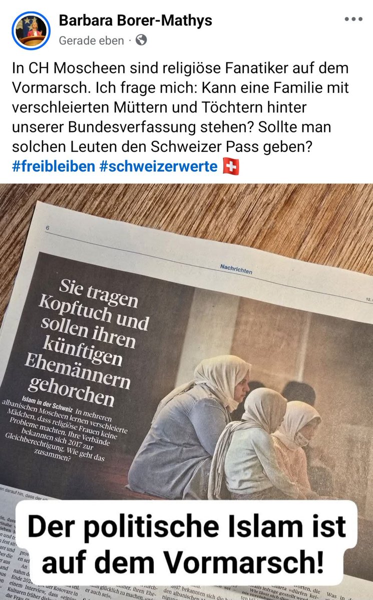 Politischer Islam auf dem Vormarsch. Ich frage mich: Kann eine Familie mit verschleierten Müttern u. Töchtern hinter der CH Bundesverfassung stehen? Sollte man solchen Leuten den CH Pass geben? #Islam #freibleiben #sonntagszeitung