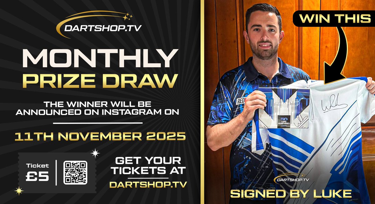 ModusDarts180's tweet image. 🎯NOVEMBER PRIZE DRAW NOW LIVE!🧊

This month&apos;s prize is a Luke Humphries Signed Limited Edition Darts and Signed Limited Edition Shirt!

You could win both for as little as £5.

Make sure you enter here:

dartshop.tv/products/darts…

Draw made 11th November 2025.

@lukeh180…