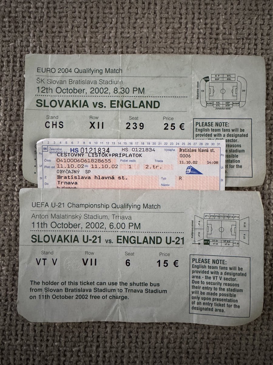 Tamworthlion's tweet image. 23 years ago today was Slovakia v England in Bratislava. The night before we went to the Under 21’s in Trnava. In the 2nd photo I’m close to getting a whack by the dodgy old bill. Dug out the old ticket stubs with the train ticket….
#followenglandaway #avfc #utv