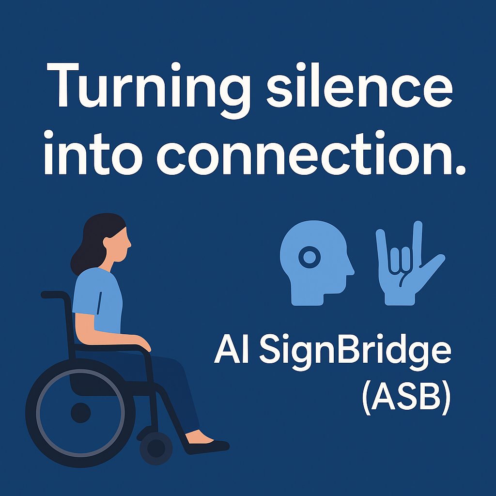 LamidonRawayya's tweet image. 👩‍🦽 Turning silence into connection.
💙 AI SignBridge (ASB) is powered by advanced AI 🤖 that transforms sign language 🤟 into real-time speech 🗣️ and text 💬 — No limits. Just connection that speaks to everyone. 🌍✨
⏳ Missed TAP?
👉 Don’t miss ASB 💫

sidrastart.com/project/8f29f8…