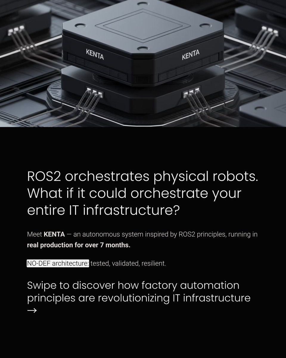 EkiMagnetiseur's tweet image. In industry, ROS2 coordinates fleets of collaborative robots.

In IT, KENTA applies the same logic — autonomous agents, decentralized communication, native resilience.

A proven architecture, already in production.
Visual thread below 👇
#DevOps #CyberSecurity #ROS2 #KENTA