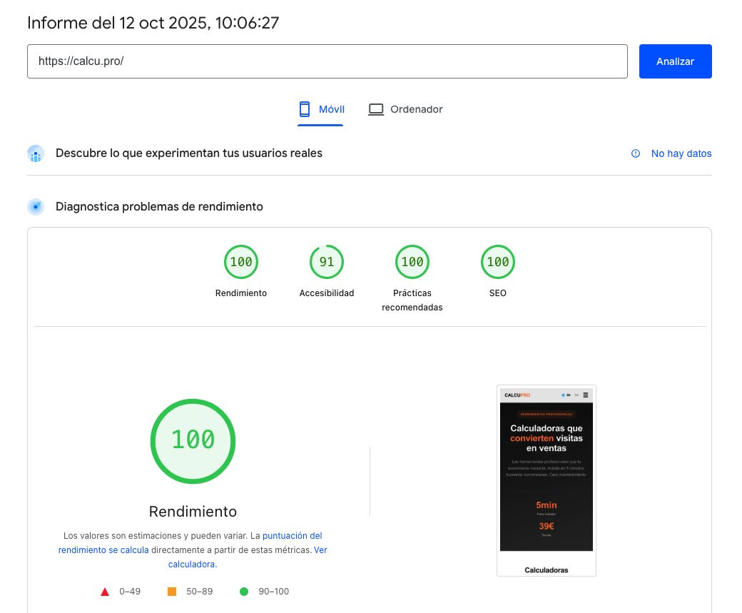 castillo_canton's tweet image. He vuelto al código puro.
#HTML + #CSS, sin CMS, sin plugins.

Una web que vuela:

100% rendimiento
100% #SEO
100% prácticas
91% accesibilidad

calcu.pro
#Calculadoras que convierten visitas en ventas.

Sin #frameworks.
Solo funcionalidad.
Como las webs de antes.