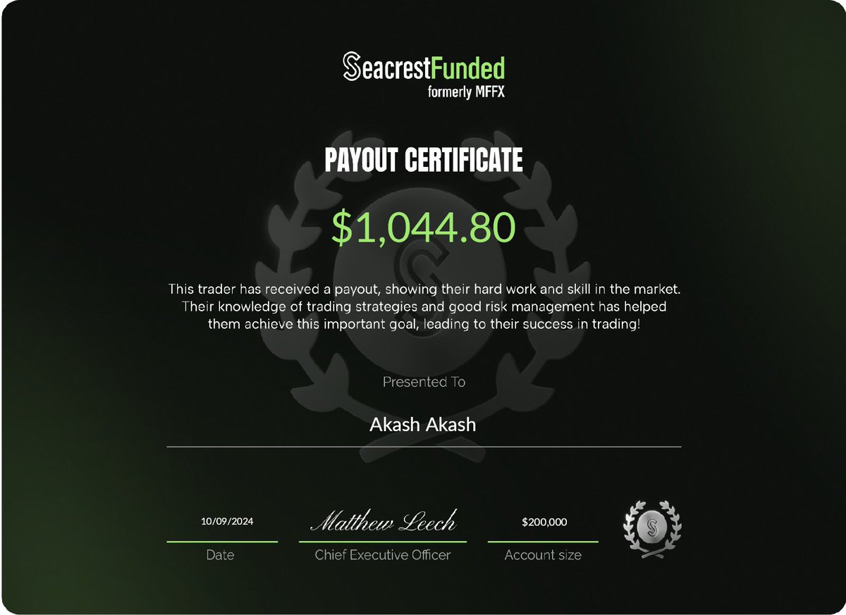 AkTyagi101's tweet image. my payout from @SeacrestFunded 💸  
Huge thanks to the team for the smooth experience and support throughout the process.  
Let’s keep growing and trading smarter! 🚀 #TradingCommunity #FundedTrader